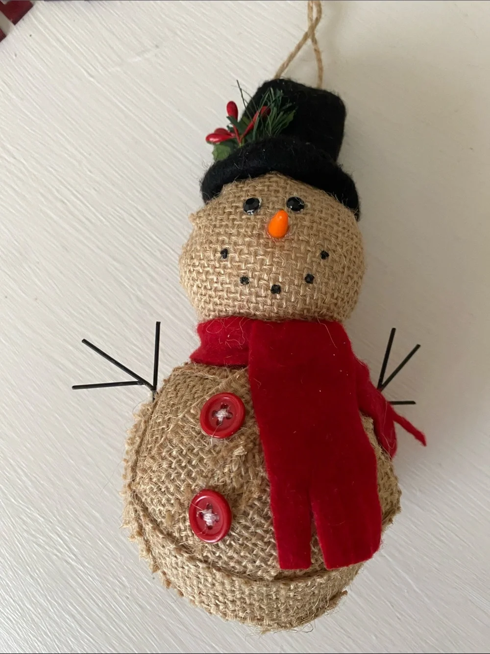 Farmhouse Rustic Christmas Ornaments Snowflake Red Metal Star & Burlap Snowman